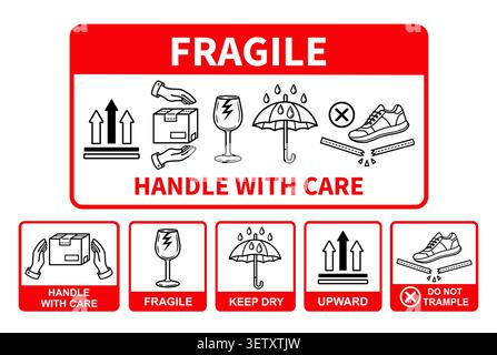 Fragile packaging, handle with care cardboard box package symbol. Safety parcel delivery. Breakable glass material, keep dry, not step on packing sign Stock Vector