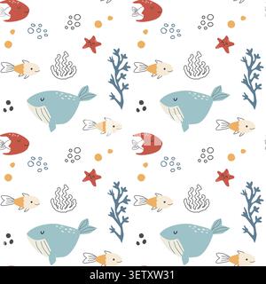 Cute tropical fish and whale seamless pattern in doodle style. Hand drawn vector illustration of sea creatures and plants, corals, underwater inhabita Stock Vector