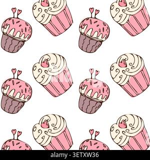 Sweet cupcake and heart pattern with doodle elements. Bakery sweet dessert, blue and pink outline pattern on white background. Vintage cupcake texture Stock Vector