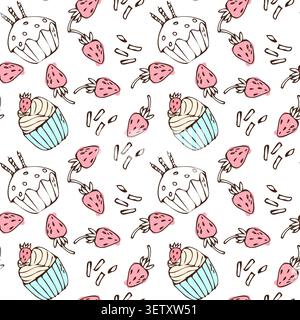 Sweet cupcake and strawberry pattern with doodle elements. Bakery sweet dessert, blue and pink outline pattern on white background. Vintage cupcake te Stock Vector