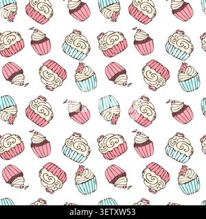 Hand drawn cupcake colorful pattern with muffin and strawberry, cherry, cookies. Bakery sweet dessert, pink and blue pattern on white background. Vint Stock Vector