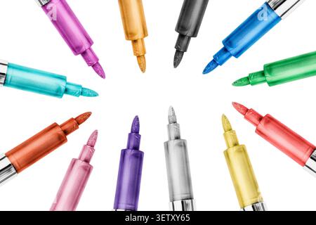 Colorful metallic felt tip pens closeup isolated over white Stock Photo