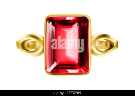 Golden ring with large ruby gemstone isolated on white background Stock Photo