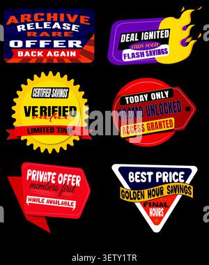 Collection of creative promotional sale badges with exclusive offers, flash savings, private deals, premium discounts and retail marketing labels. Stock Vector