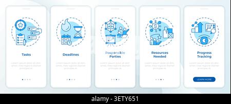 Action plan building blocks blue onboarding mobile app screen. Operational efficiency growth model. Walkthrough 5 steps editable graphic instructions Stock Vector