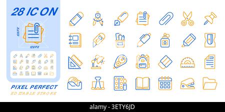 School and office essentials pixel perfect two color line icons set Stock Vector