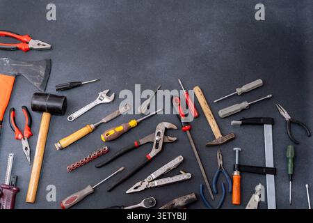 Hand work Tools set top view Background. Stock Photo