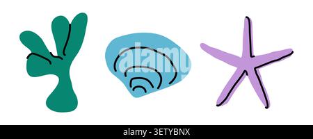 Coral, starfish and seashell vector illustration isolated on white background. Hand drawn green seaweed, blue clam shell and purple sea star icon set Stock Vector