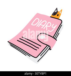 Cute pink personal diary notebook with a small cat bookmark, isolated on white background. Hand drawn vector doodle of school stationery Stock Vector
