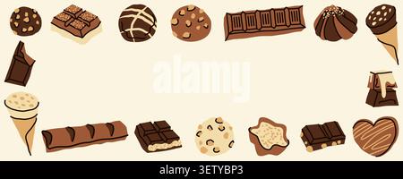 Chocolate Candy and Sweet Dessert Frame Banner Template with Hand Drawn Doodle Elements for Confectionery Promotion Stock Vector