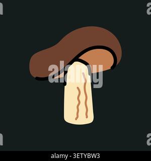 Mushroom vector illustration with brown cap on a dark background. Autumn hand drawn forest fungus icon. Cozy fall organic element Stock Vector