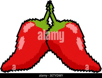 Pair of pixel art red chili peppers with green stems Stock Vector