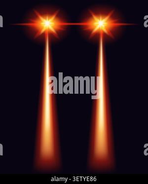 Dual orange spotlight beams with star flares on dark background Stock Vector