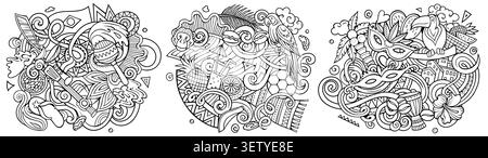 Brazil cartoon vector doodle designs set. Line art detailed compositions with lot of Brazilian objects and symbols. Authentic local cultures illustrat Stock Vector