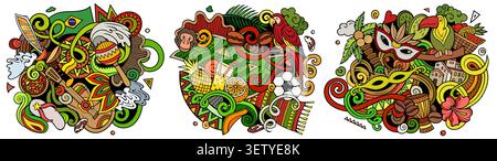 Brazil cartoon vector doodle designs set. Colorful detailed compositions with lot of Brazilian objects and symbols. Authentic local cultures illustrat Stock Vector