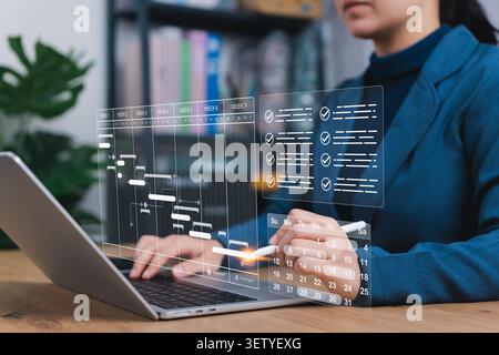Project management schedule and task planning concept. Gantt chart timeline, digital calendar, checklist approval, milestone tracking, workflow Stock Photo