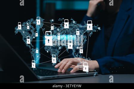 Global cybersecurity network and data protection concept. world map, connected padlock icons, secure access, encryption, cyber threat prevention, Stock Photo