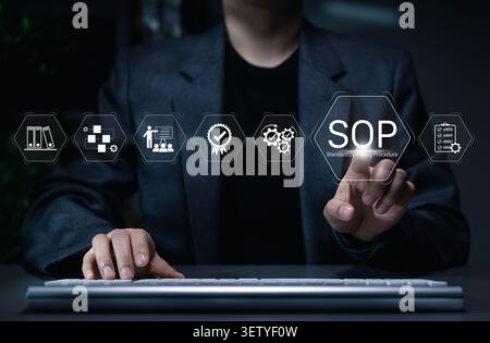 SOP standard operating procedure and workflow compliance concept. Person using process icons, checklist approval, document control, quality standards, Stock Photo