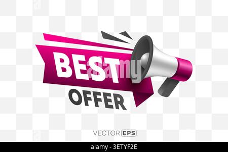 Dynamic Best Offer banner featuring a 3D megaphone. Perfect for advertisements, marketing, and sales promotions. Vector illustration. Stock Vector