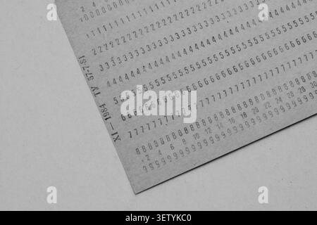 Macro close-up of a vintage 1984 computer punch card showing detailed numerical data rows, retro Soviet technology and obsolete computing history. Stock Photo