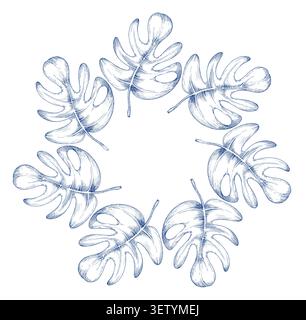 Wreath of the monstera leaves. Handmade ink illustration. For design of cards, cover, prints, product labels and fabric. Stock Vector