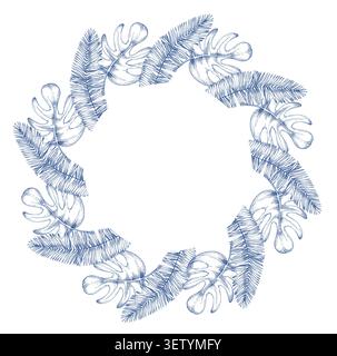 Wreath of the monstera and palm leaves. Handmade ink illustration. For design of cards, cover, prints, product labels and fabric. Stock Vector