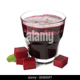 Beetroot juice in glass and fresh beet cubes isolated on white Stock Photo