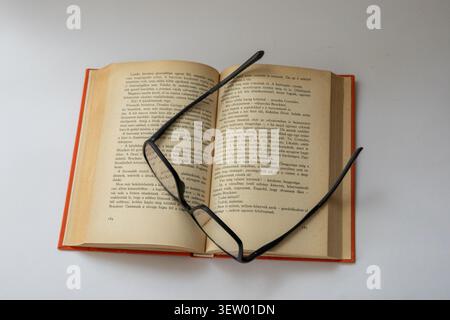 Antique Hungarian Book with Weathered Leather Cover and Aged Pages. Reading, read, glass, book Stock Photo