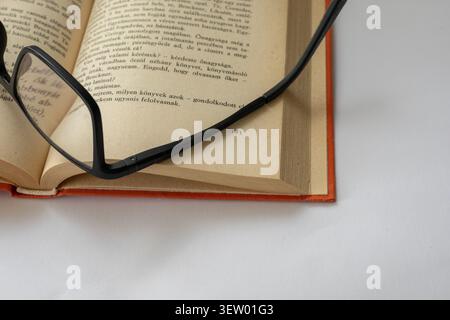 Antique Hungarian Book with Weathered Leather Cover and Aged Pages. Reading, read, glass, book Stock Photo