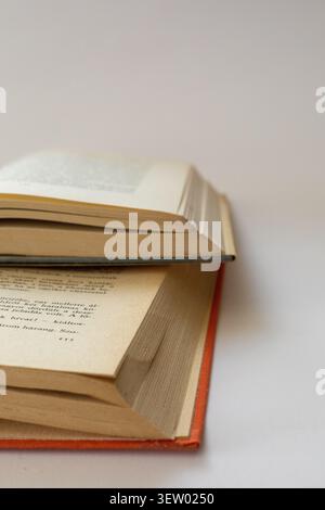 Antique Hungarian Book with Weathered Leather Cover and Aged Pages. Reading, read, glass, book Stock Photo