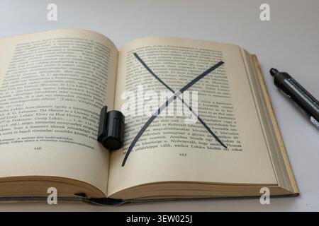 Antique Hungarian Book with Weathered Leather Cover and Aged Pages. Reading, read, glass, book Stock Photo