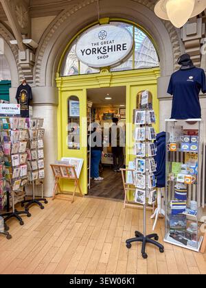 Exterior view of The Great Yorkshire Shop, a boutique selling regional gifts and souvenirs inside the historic Victorian Leeds Corn Exchange, Leeds. Stock Photo