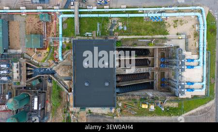 Aerial view of the Alpheus Wastewater Sewage Treatment works in Milton Keynes, England, United Kingdom. Stock Photo