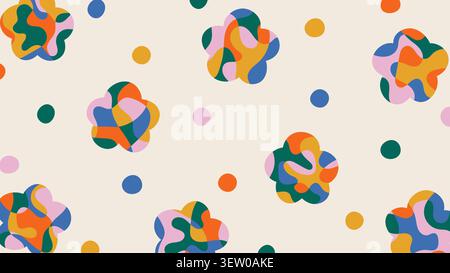 Retro groovy pattern with colorful abstract flowers and polka dots. Stock Vector