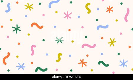 Fun colorful hand drawn confetti pattern with stars and squiggles. Festive abstract backdrop with simple hand drawn elements. Multi colored fun Stock Vector