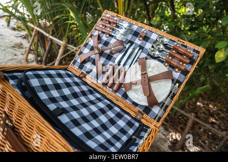 Wicker picnic hamper with gingham lining under palm fronds, Maldives Stock Photo