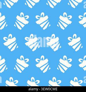 Repeated pattern of white gift boxes with bows on a blue background. Vector illustration Stock Vector