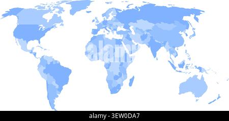 Blank political map of world in four shades of blue and white background. Simplified vector map. Stock Vector