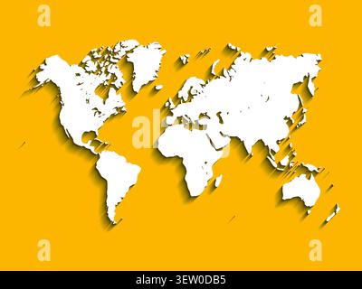 White Vector Map of World. Modern flat design with dropped long shadow isolated on yellow background. Stock Vector