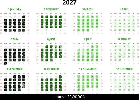 English 2027 Horizontal 4x3 Grid Zero Waste Lifestyle Annual Calendar Botanical Grid (Compatible with 2038 and 2049). Stock Vector
