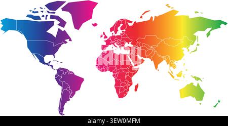 A colorful world map features a gradient spectrum from purple to red, showcasing global regions. The striking design highlights continents with vibrant colors for aesthetic appeal. Stock Vector