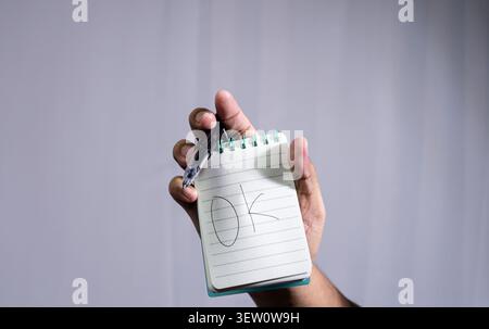 Male hand holding an open lined notebook with a teal spiral binding and a black pen, featuring the handwritten letters OK on the page, against a plain Stock Photo