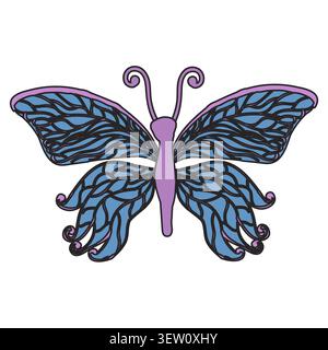 Blue butterfly with purple patterns in cartoon style with a black outline. Vector illustration isolated on a white background. Stock Vector