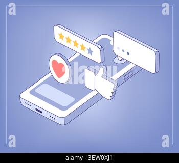 Isometric phone packed with social media. Messages glowing on screen. App mockups, digital marketing banners, or UI concept art Stock Vector