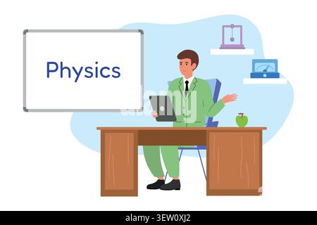 Physics teacher man lecturing at desk with tablet. Vector illustration for science banner, school poster, or education blog Stock Vector
