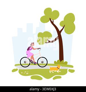 Bike ride witj dog in forest. Young woman on bicycle. Vector illustration for outdoor adventure, pet lifestyler, sport blog Stock Vector