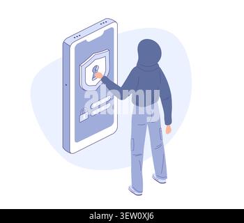 Person in dark clothes trying to hack phone password. Cyber threat banner, security alert poster, fraud prevention Stock Vector