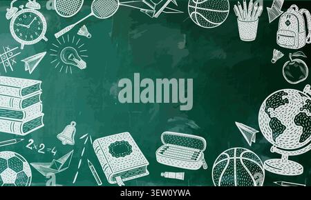 Writing on a green school board . Back to school Text frame. Hand drawn. Not AI, vector illustration. Stock Vector