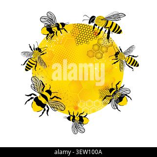 A round abstraction with bees and honeycombs. Text frame. background with honeycombs. Hand drawn. Not AI, vector illustration. Stock Vector