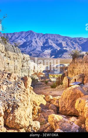 Desert Trail Rocky Cliffs and Mountain Landscape at Ice Age Fossils State Park Stock Photo